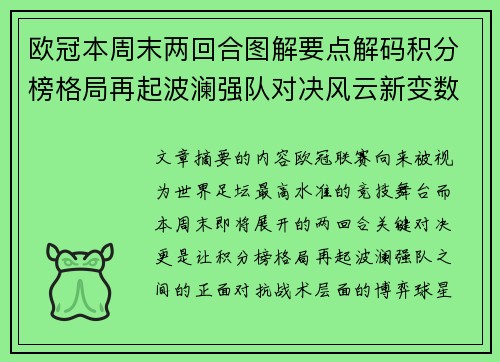 欧冠本周末两回合图解要点解码积分榜格局再起波澜强队对决风云新变数