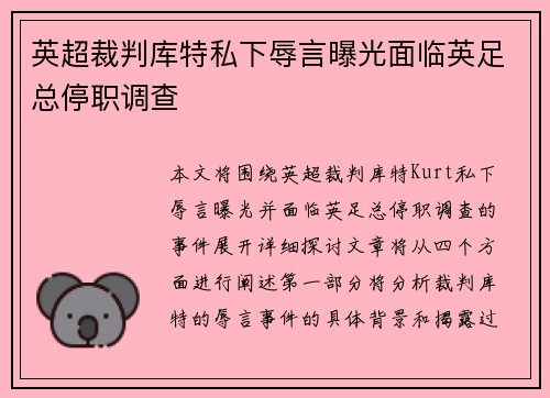 英超裁判库特私下辱言曝光面临英足总停职调查